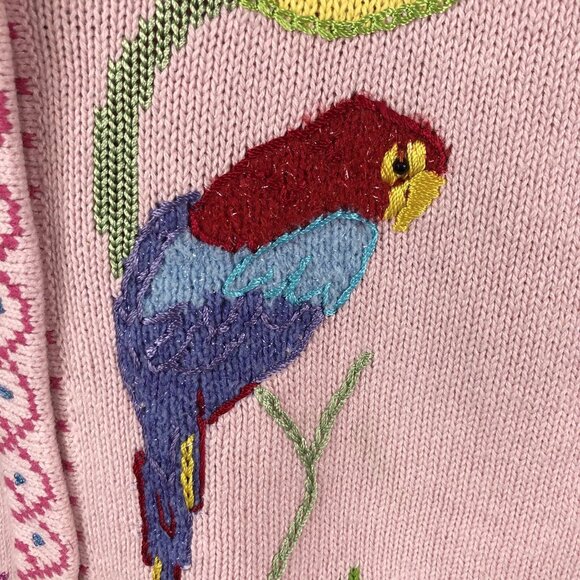 Storybook Sweater Womens 2X Plus Size Pink Parrots Tropical Cardigan Art to Wear - Picture 4 of 16